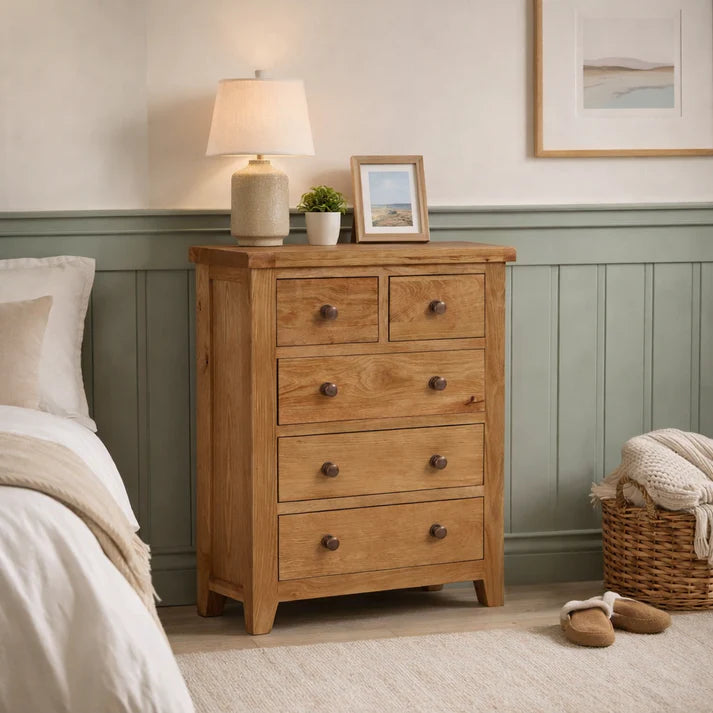 Natural Oak 2 Over 3 Drawer Chest with Traditional Storage