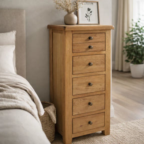 Natural Oak 5 Drawer Chest with Compact Tall Storage Design
