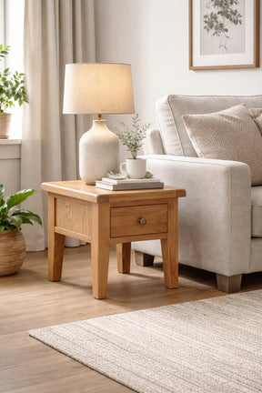 Natural Solid Oak 1 Drawer Lamp Table with Rounded Corners