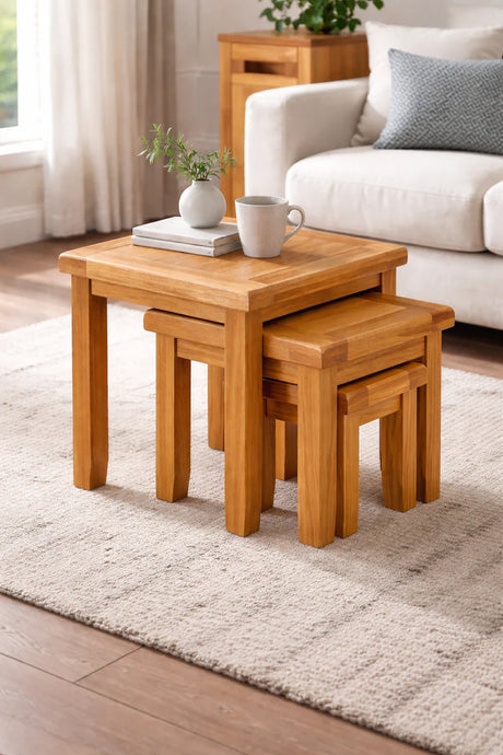 Natural Oak Compact Living Room Nest of 3 Tables