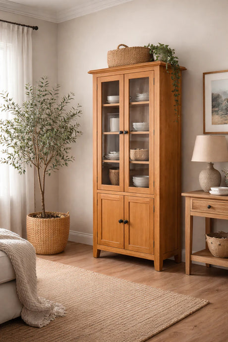 Natural Oak 2 Door Display Cabinet with Glass Doors and Storage Cupboard