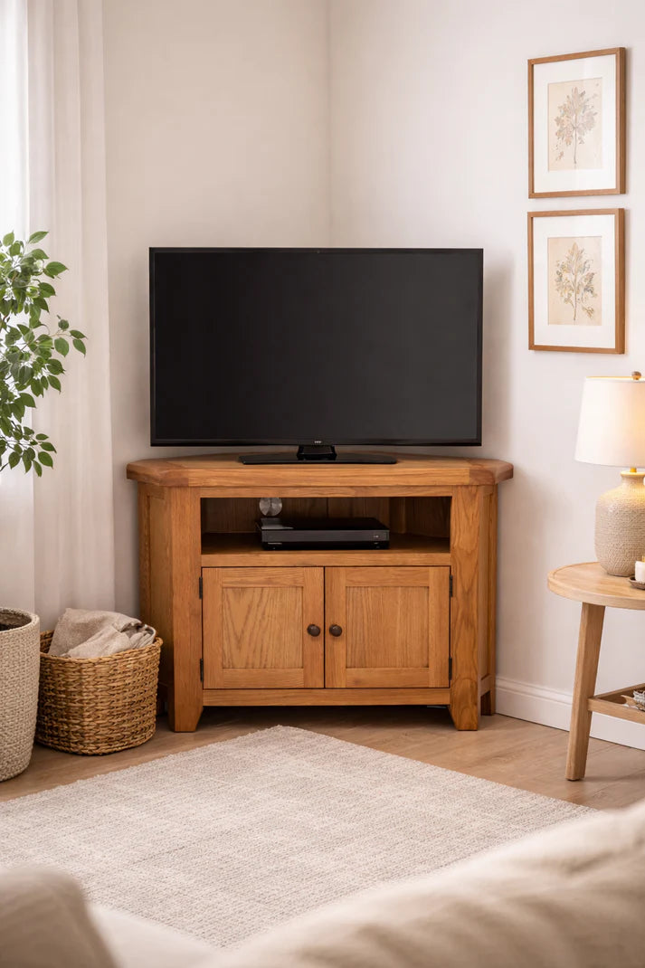 Natural Oak Corner TV Unit with 2 Door Storage and Open Media Shelf