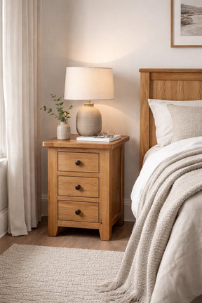 Rustic Oak 3 Drawer Bedside Table with Storage