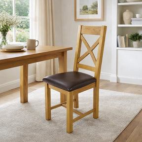 Natural Oak Cross Back Dining Chair with Dark Brown Padded Seat