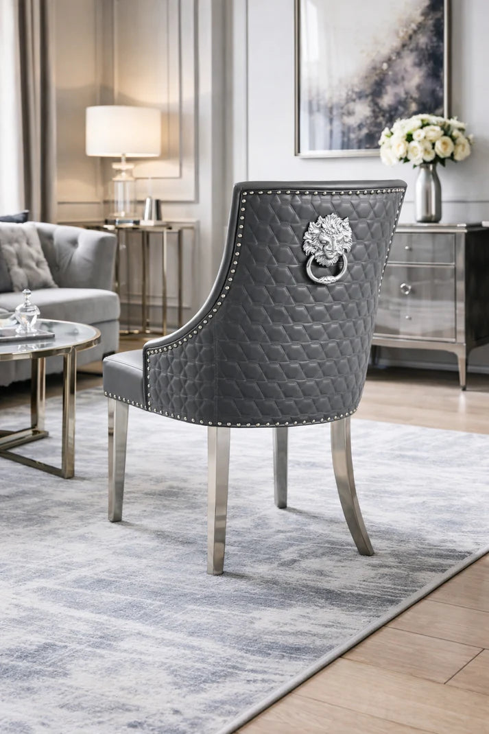 Modern Dark Grey PU Dining Chair with Lion Knocker and Chrome Legs