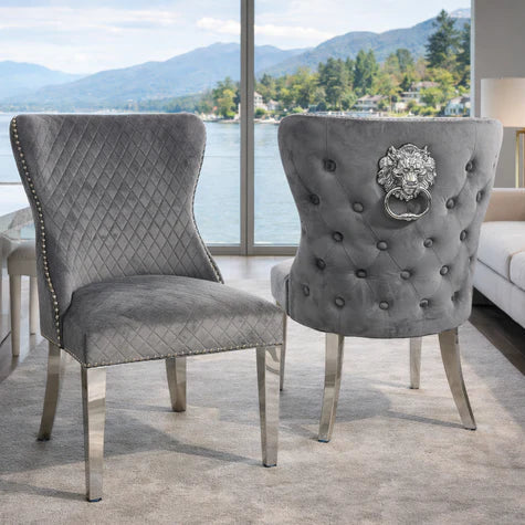 Luxury Plush Dark Grey Velvet Dining Chair with Lion Knocker and Chrome Legs
