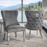 Luxury Plush Dark Grey Velvet Dining Chair with Lion Knocker and Chrome Legs