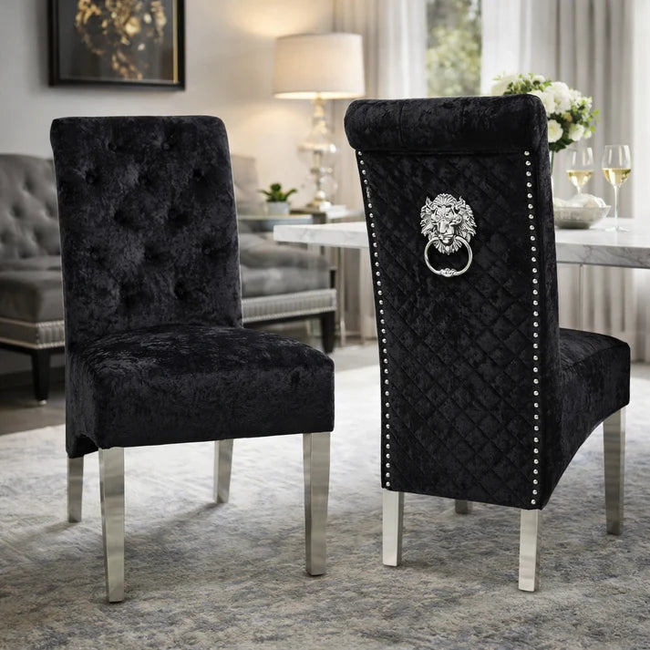 Luxury Crushed Black Velvet Dining Chair with Lion Knocker and Chrome Legs