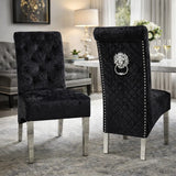 Luxury Crushed Black Velvet Dining Chair with Lion Knocker and Chrome Legs