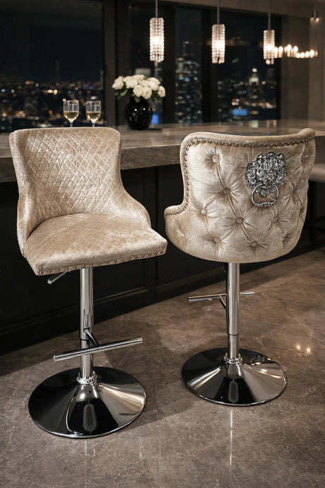 Classic Mink Shimmer Velvet Gas Lift Bar Stool with Chesterfield Back and Chrome Base