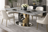 Luxury Grey Marble Dining Table with Chrome and Gold Block Pedestal Base