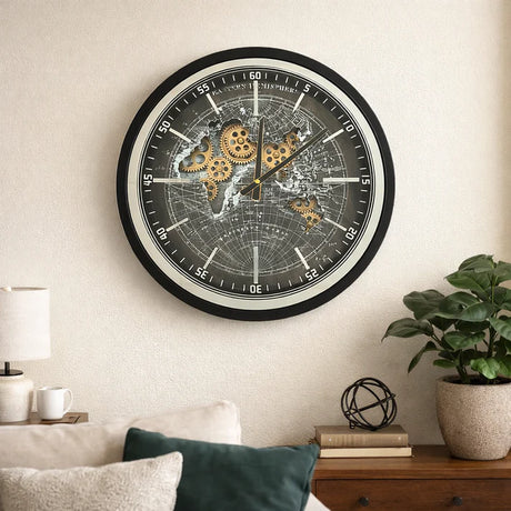 Industrial Black World Map Moving Gear Decorative Wall Clock