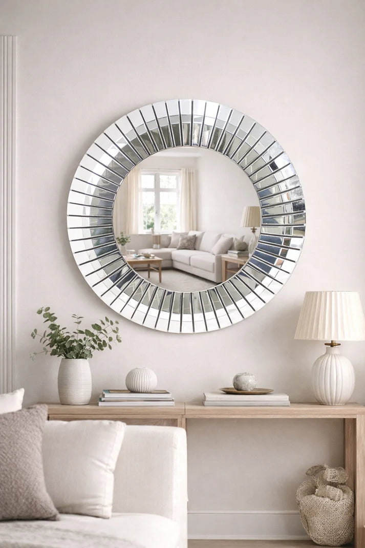 Luxury Round Decorative Wall Mirror with Partitioned Mirrored Border