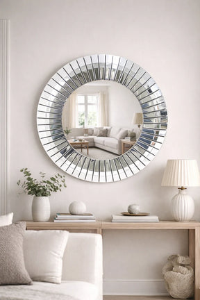 Luxury Round Decorative Wall Mirror with Partitioned Mirrored Border