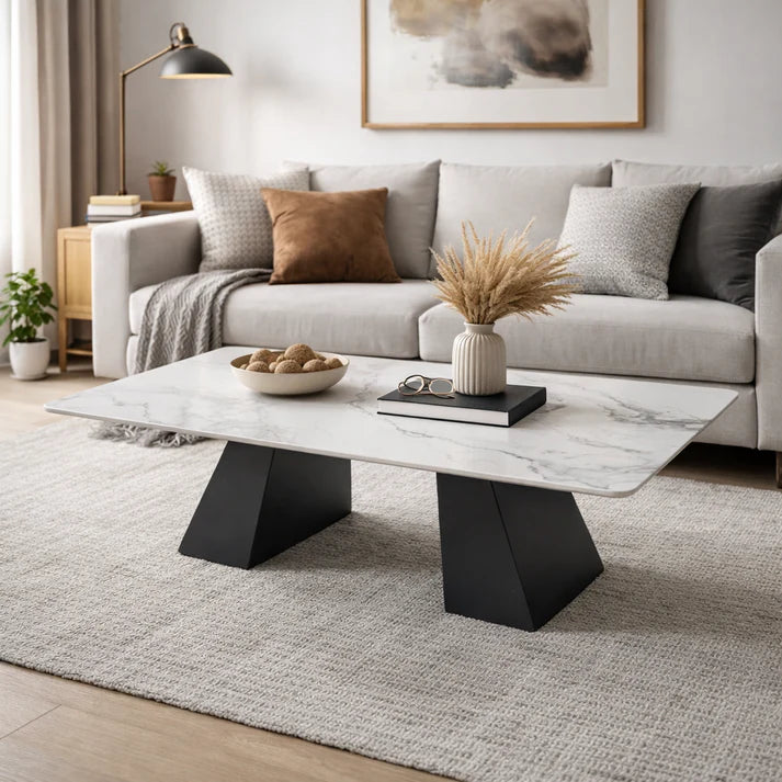 Modern White Ceramic Coffee Table with Black Architectural Legs