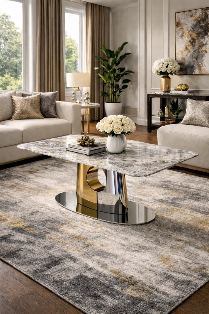 Modern Grey Marble Effect Coffee Table with Gold and Silver Metal Pedestal Base