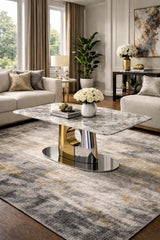 Modern Grey Marble Effect Coffee Table with Gold and Silver Metal Pedestal Base