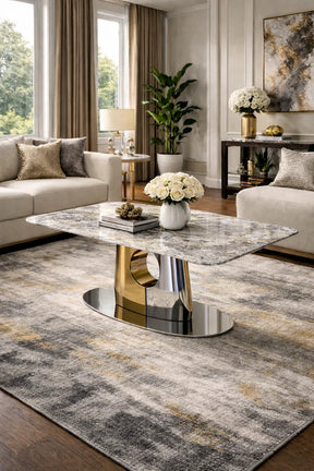 Modern Grey Marble Effect Coffee Table with Gold and Silver Metal Pedestal Base