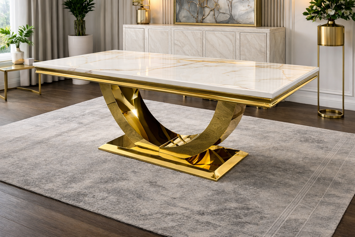 Luxury Grey Marble Effect Dining Table with Gold Pedestal Base