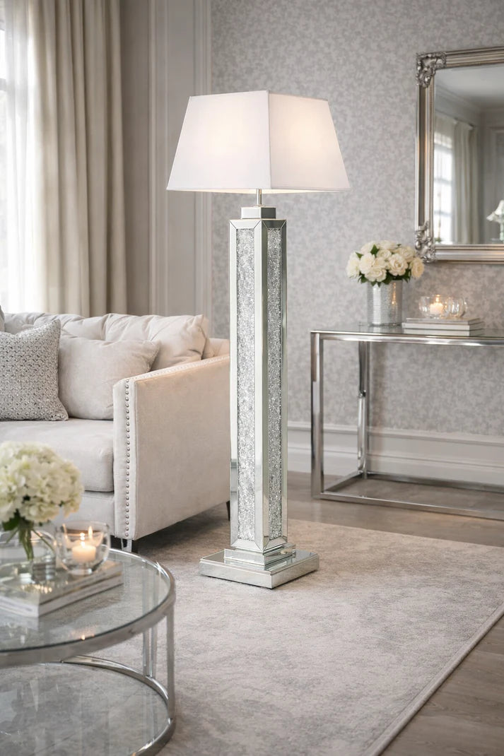 Mirrored Floor Lamp with Crushed Diamond Column and Grey Fabric Shade