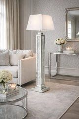 Mirrored Floor Lamp with Crushed Diamond Column and Grey Fabric Shade