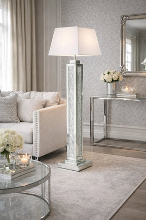 Mirrored Floor Lamp with Crushed Diamond Column and Grey Fabric Shade
