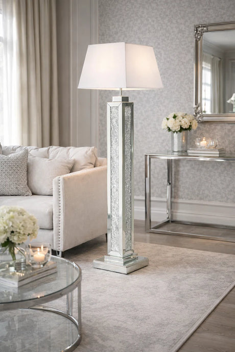 Mirrored Floor Lamp with Crushed Diamond Column and Grey Fabric Shade
