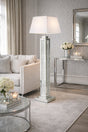 Mirrored Floor Lamp with Crushed Diamond Column and Grey Fabric Shade
