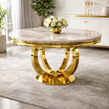 Luxury White Marble Effect 1.3m Round Dining Table with Gold Pedestal Base