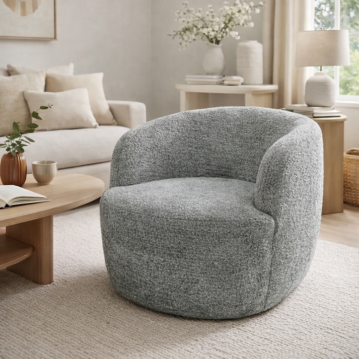 Modern Grey Boucle Swivel Tub Chair with 360 Degree Rotation