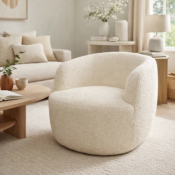 Modern Ivory Boucle Swivel Tub Chair with 360 Degree Rotation