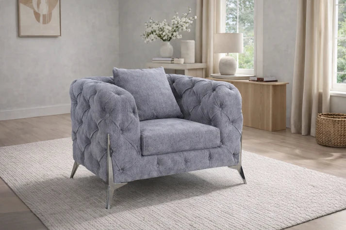 Modern Grey Fabric Chesterfield Sofa Chair with Chrome Accent Legs