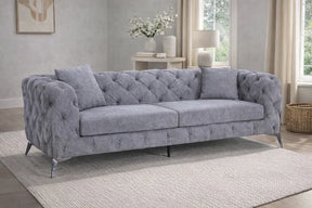 Modern Grey Fabric Chesterfield 3 Seater Sofa with Chrome Accent Legs