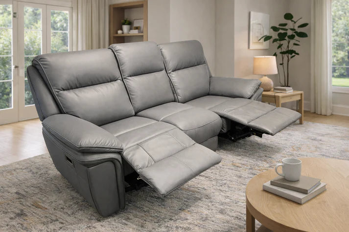 Modern Grey Leather Fabric Upholstery 3 Seater Recliner Sofa