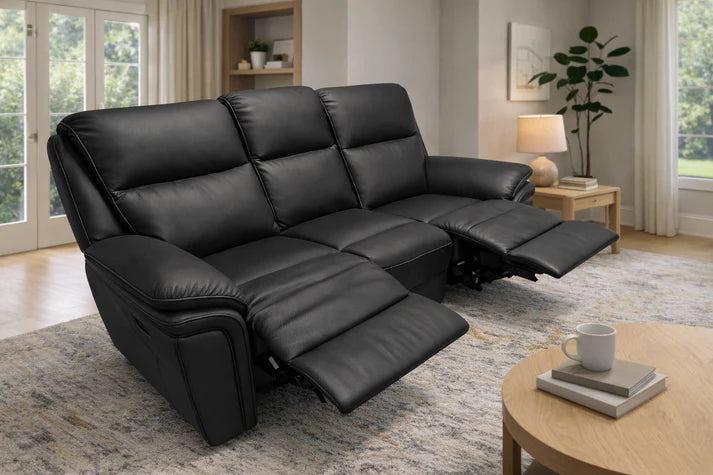 Modern Black Leather Fabric Upholstery 3 Seater Recliner Sofa