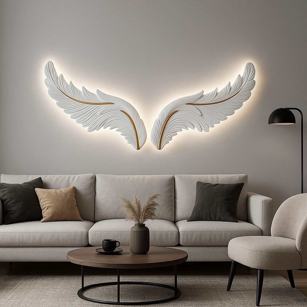 Large LED Illuminated White Feather Wall Wings with Gold Detail and Remote Control