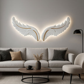 Large LED Illuminated White Feather Wall Wings with Gold Detail and Remote Control