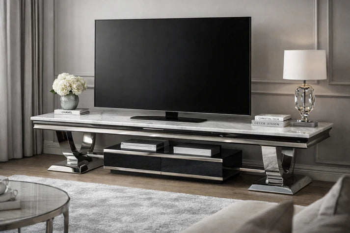 Luxury White Marble Effect TV Stand with Chrome Circular Pedestal Base