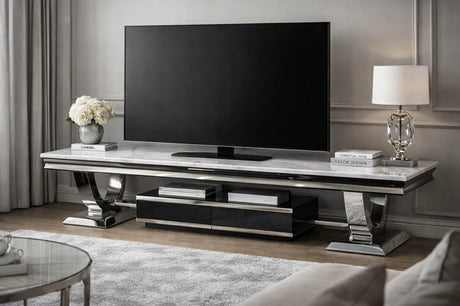 Luxury White Marble Effect TV Stand with Chrome Circular Pedestal Base