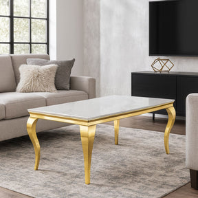 Luxury White Marble Effect Coffee Table with Gold Italian Style Frame