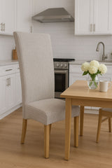 Mixed Brown Fabric Upholstered High Back Dining Chair with Oak Legs