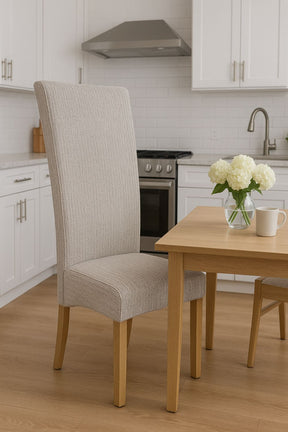 Mixed Brown Fabric Upholstered High Back Dining Chair with Oak Legs