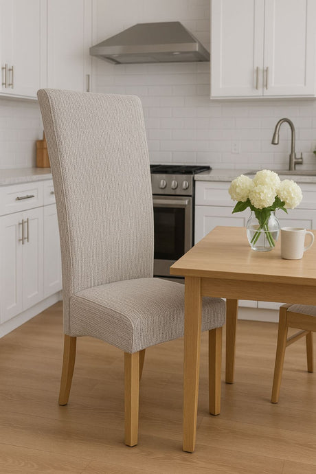 Mixed Brown Fabric Upholstered High Back Dining Chair with Oak Legs