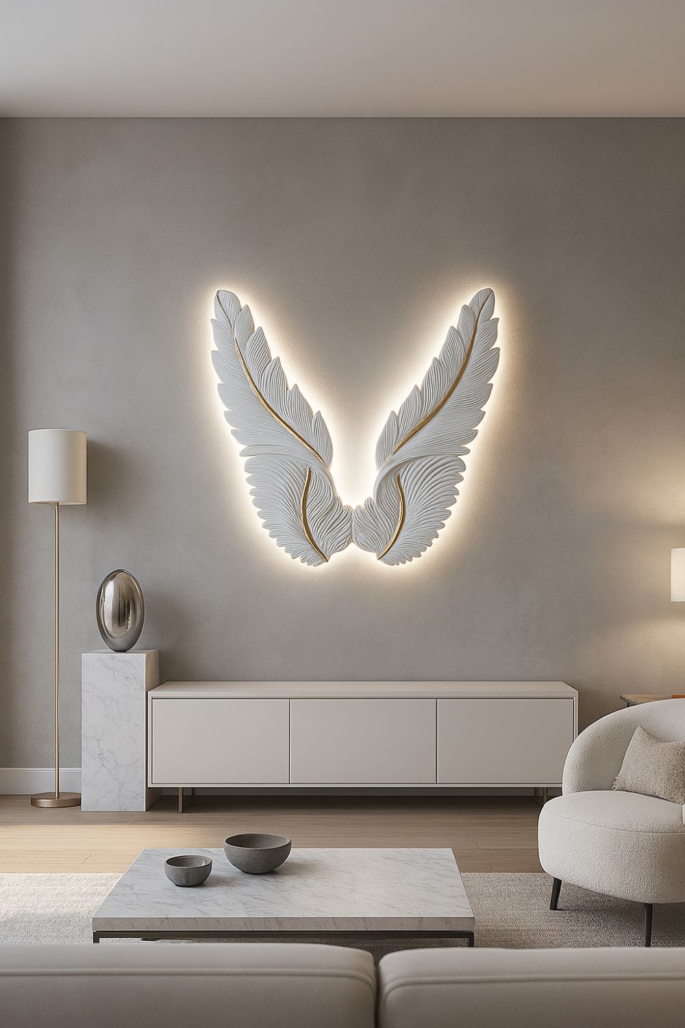 Medium LED Illuminated White Feather Wall Wings with Gold Detail and Remote Control