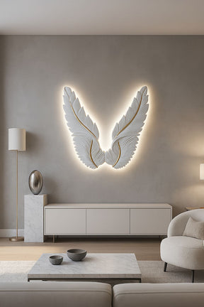 Medium LED Illuminated White Feather Wall Wings with Gold Detail and Remote Control