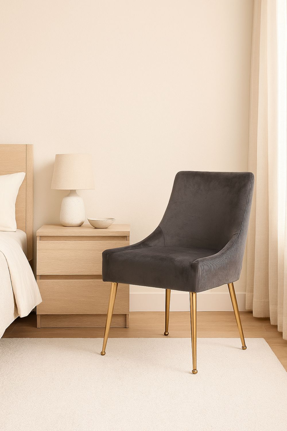 Modern Dark Grey Velvet Dining Chair with Gold Metal Legs