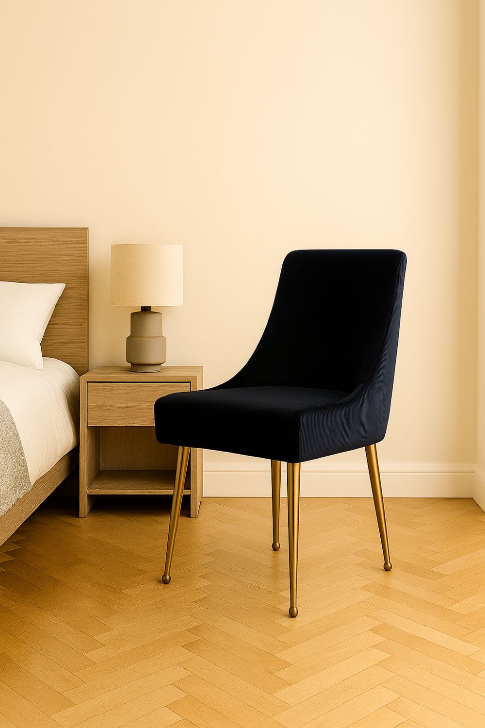 Modern Black Velvet Dining Chair with Ribbed Back and Gold Metal Legs