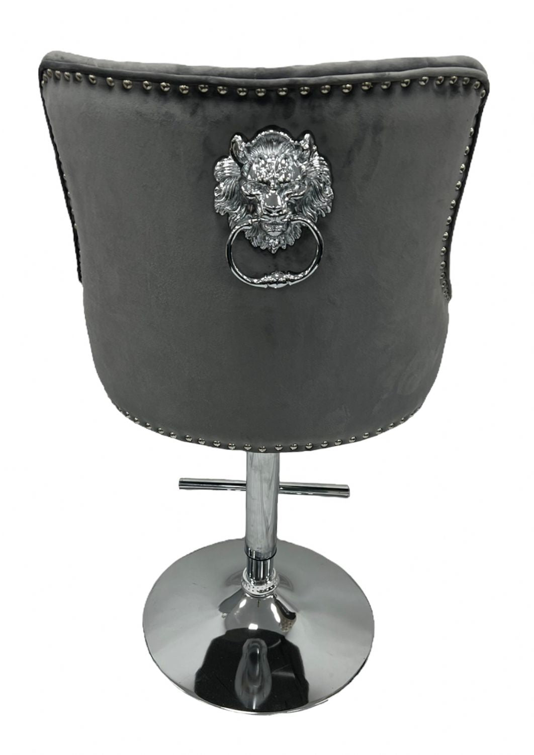 Modern Dark Grey Velvet Bar Stool with Lion Knocker and Chrome Pedestal Base