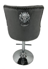 Modern Dark Grey Velvet Bar Stool with Lion Knocker and Chrome Pedestal Base