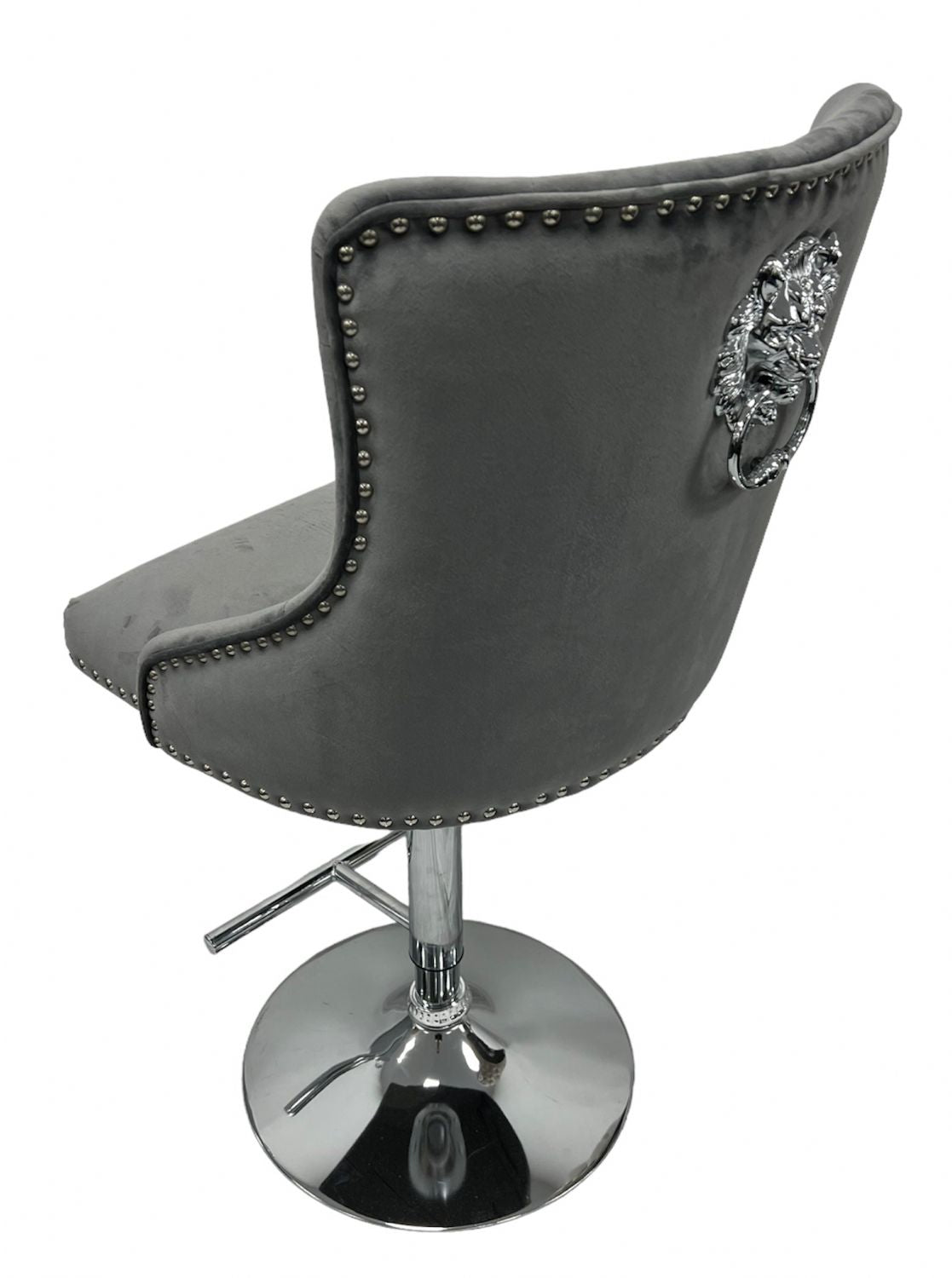 Modern Dark Grey Velvet Bar Stool with Lion Knocker and Chrome Pedestal Base